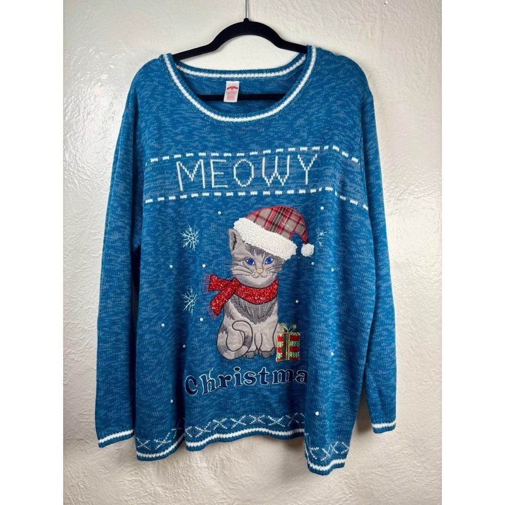 Meowy Christmas Cat Sweater Blue 4X Holiday Christmas Cat Lady Glitter Marl Knit